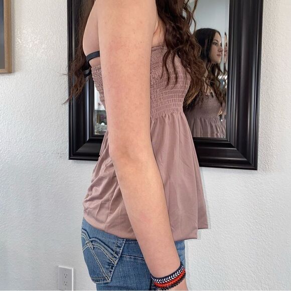Womens Square Neck Strapless Sleeveless Peplum Tube Top Tank Tan One Size - Picture 2 of 5